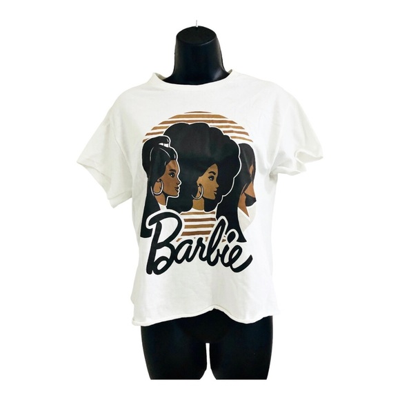 Beautiful black Barbie collage crop rolled hem off-white‎ T-shirt size small new - Picture 7 of 16